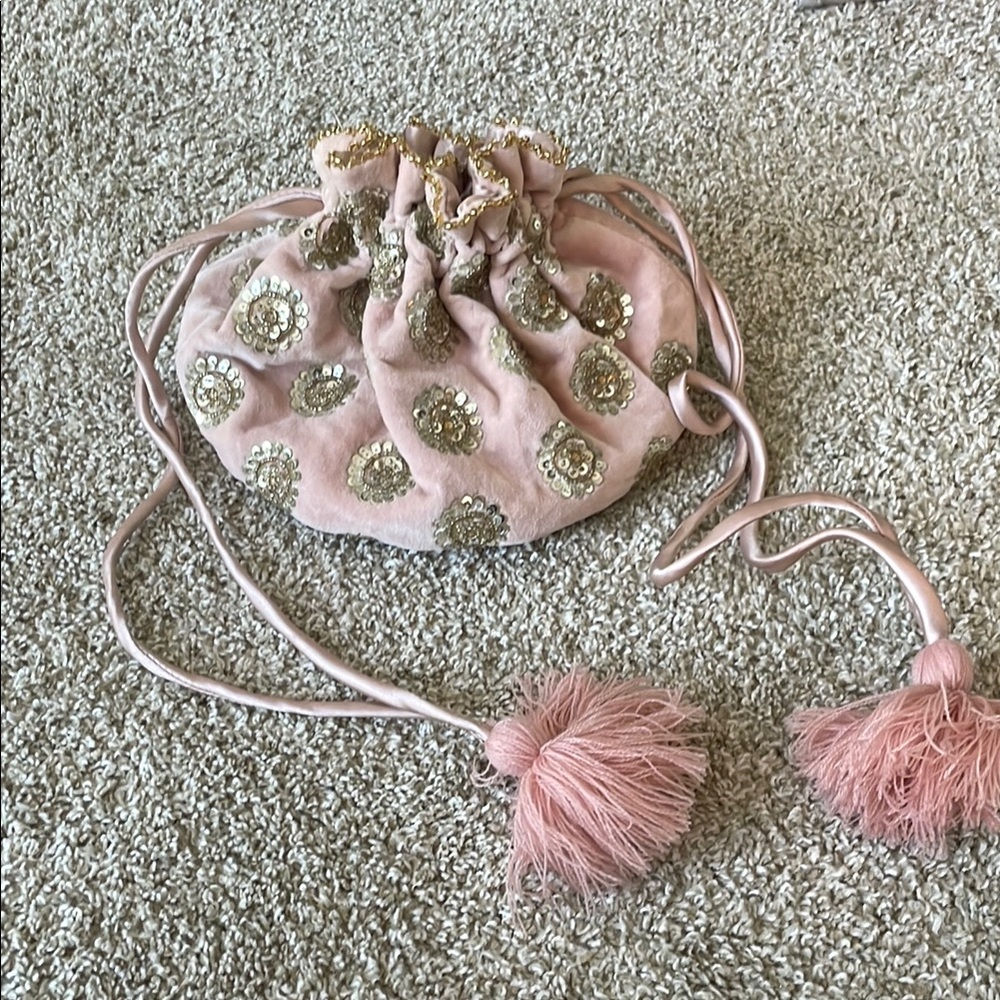 BHLDN Pink Drawstring Pouch with Gold Embellishments